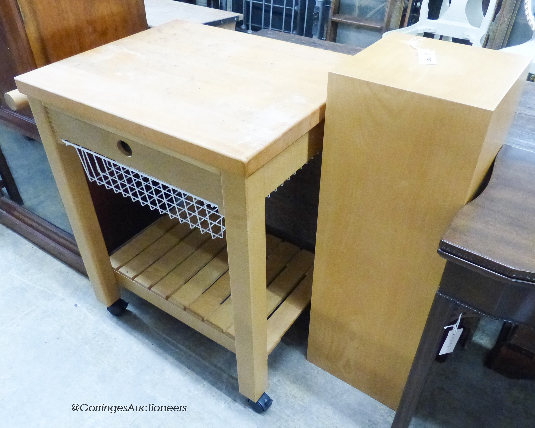 A modern butchers block, H-84cm. Together with a display column.